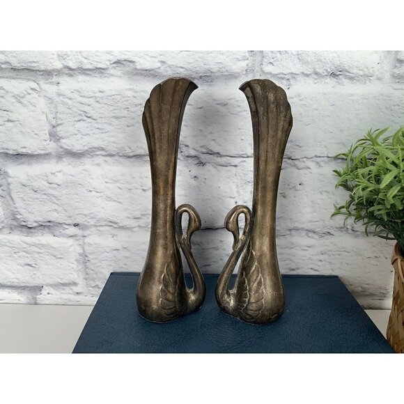 Pair of Swan Silver Plated Vases E.P. Zinc International Silver company Vtg USA - Picture 1 of 10